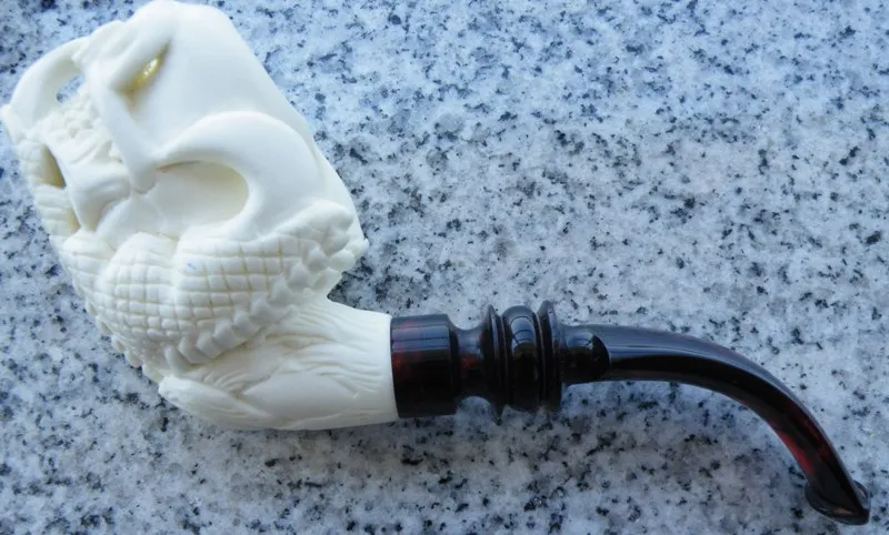 Hand-carved skull Turkish block meerschaum pipe, product SKU-10