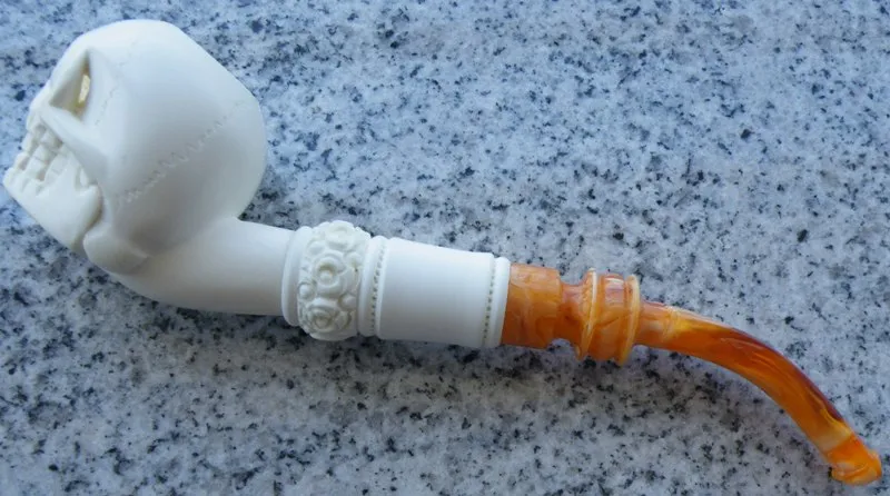 Hand-carved skull Turkish block meerschaum pipe, product SKU-11