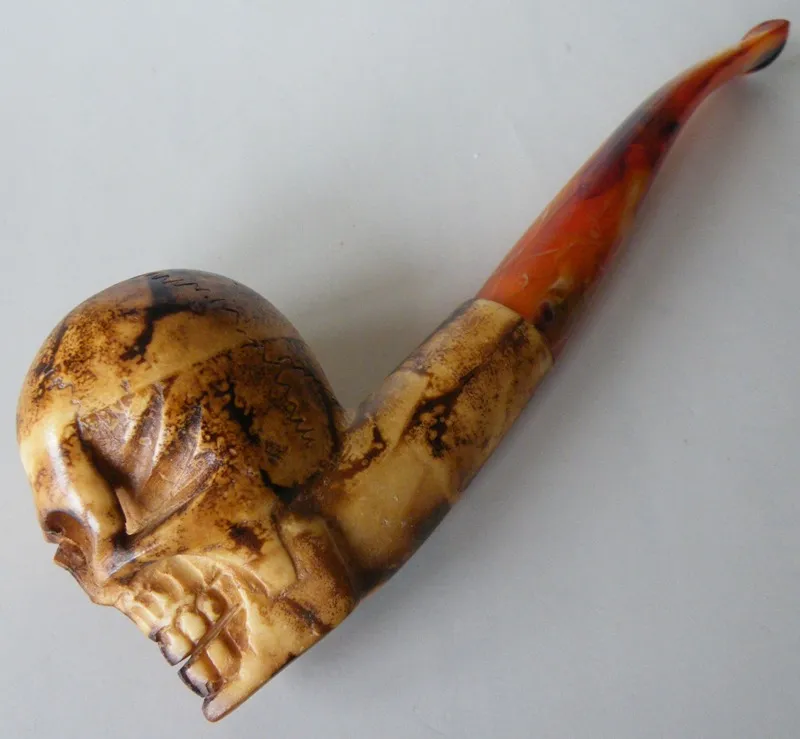 Hand-carved skull Turkish block meerschaum pipe, product SKU-13