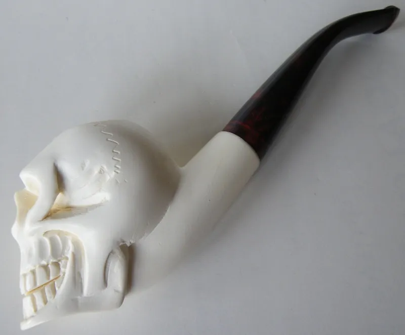 Hand-carved skull Turkish block meerschaum pipe, product SKU-14