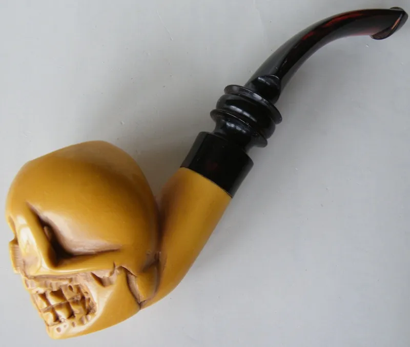 Hand-carved skull Turkish block meerschaum pipe, product SKU-15